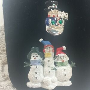 Festive Snowman Brooch Set - Silver and Multicolor Vintage